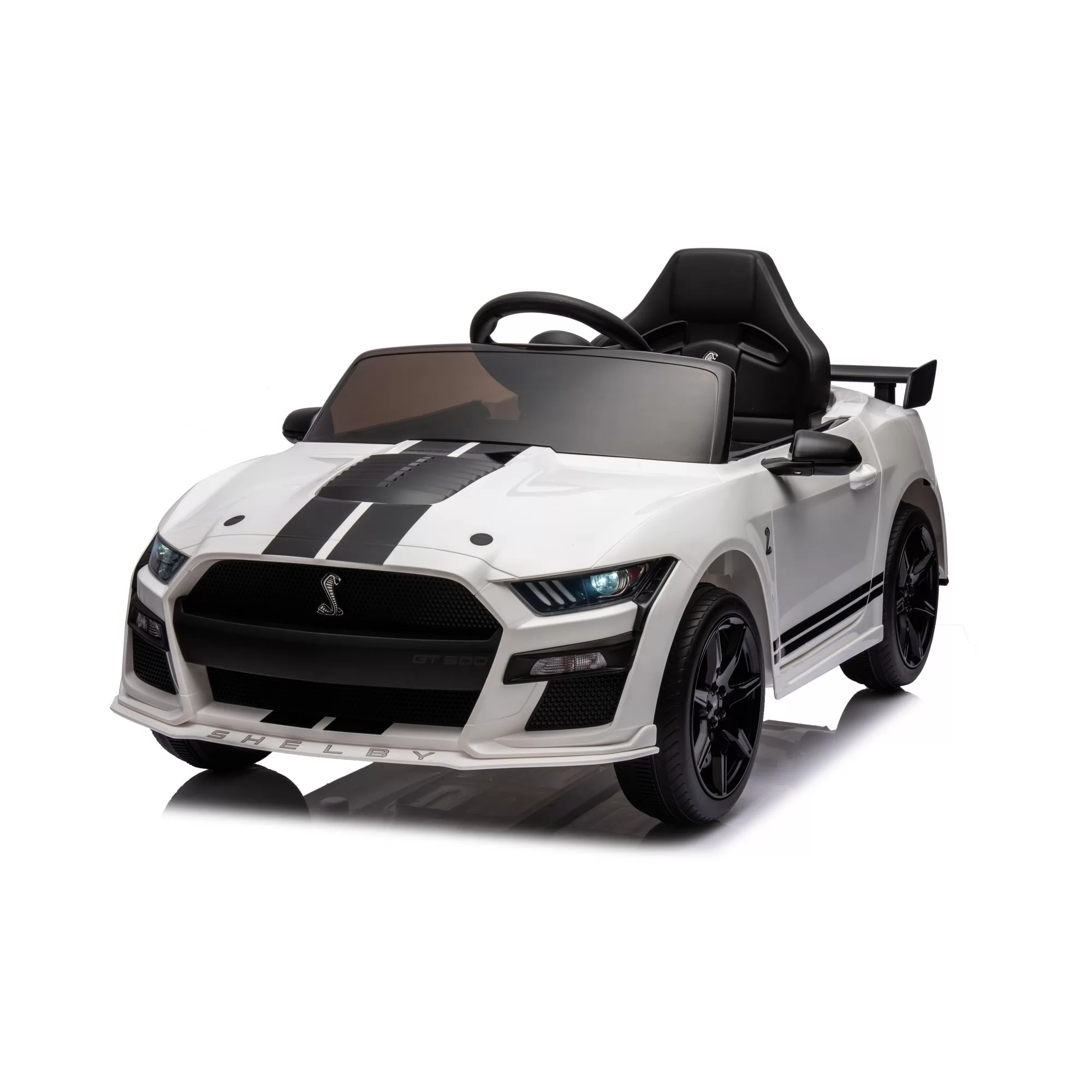 Official Licensed Ford Mustang Shelby GT500 Kids Ride-On Car 12V — White Stripe Edition with Openable Doors, Bluetooth & 2.4G Remote